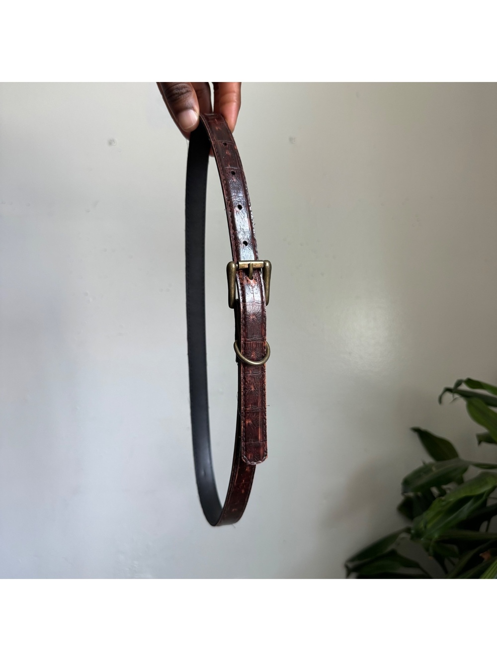 Vintage 90s Dark Brown Faux Croc Skinny Belt Brass Buckle Fits like M